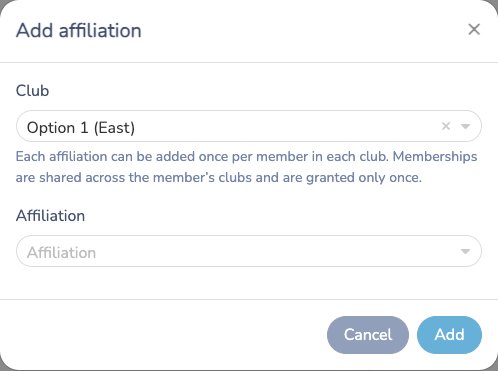 Add affiliation dialog with club and affiliation selectors