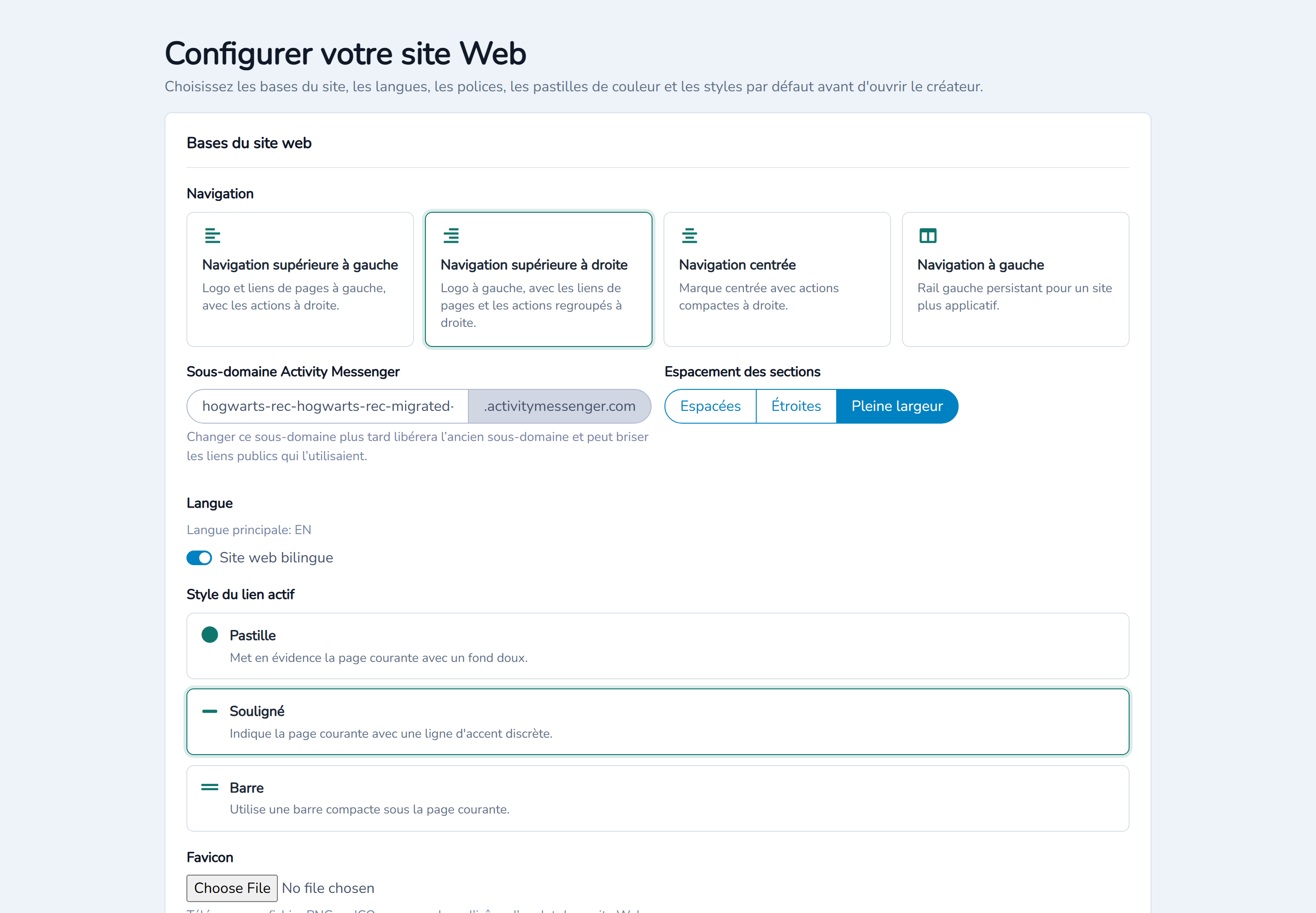 Configurer la navigation, le sous-domaine, la langue et le style du lien actif