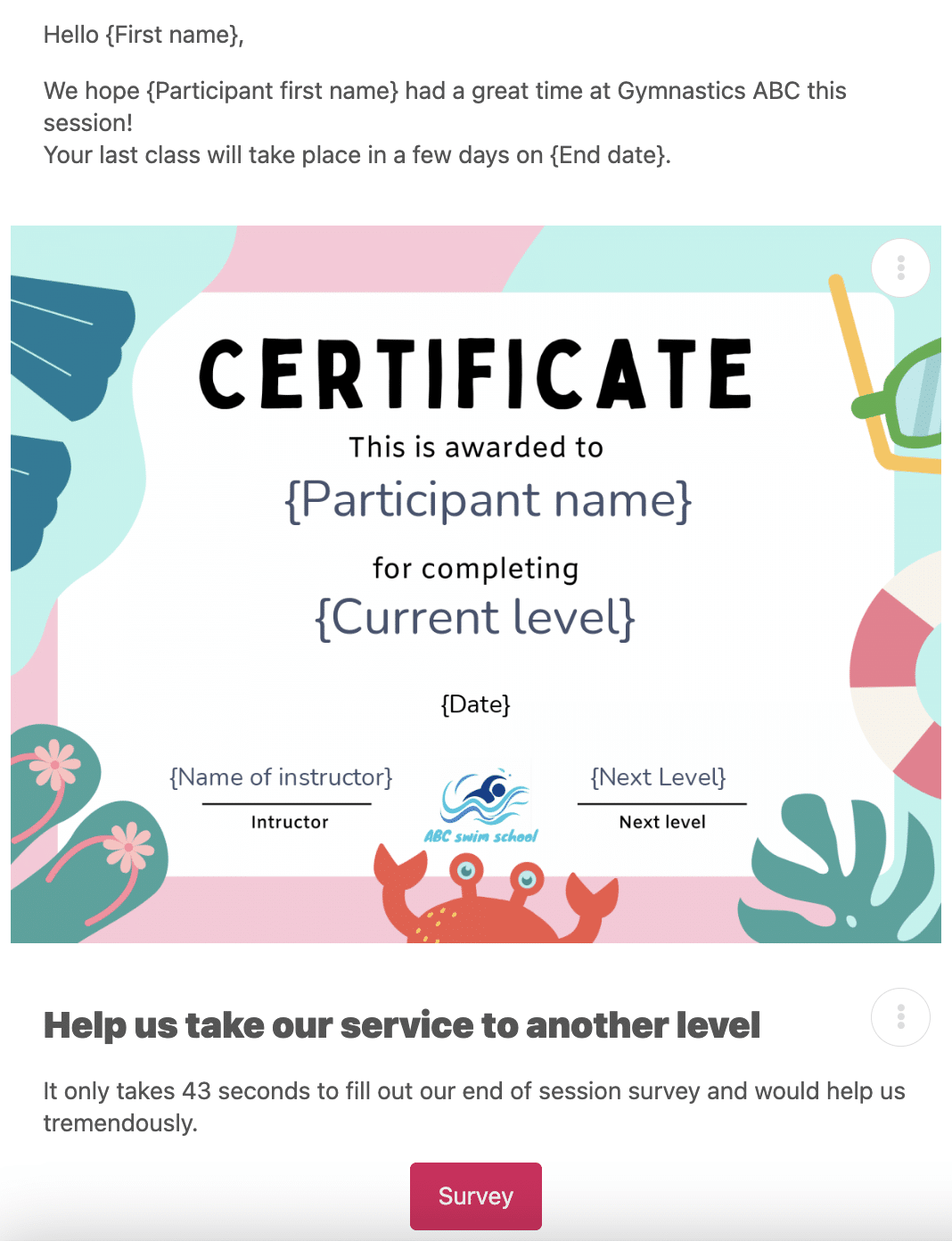 End of Session Email for Swim Schools Template: