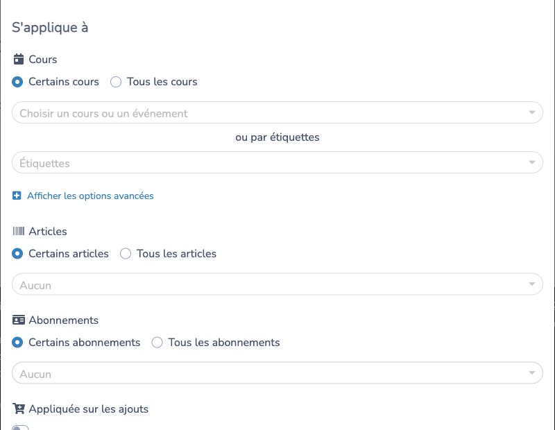 Choisir les cours, les articles et les abonnements qui acceptent le code promo