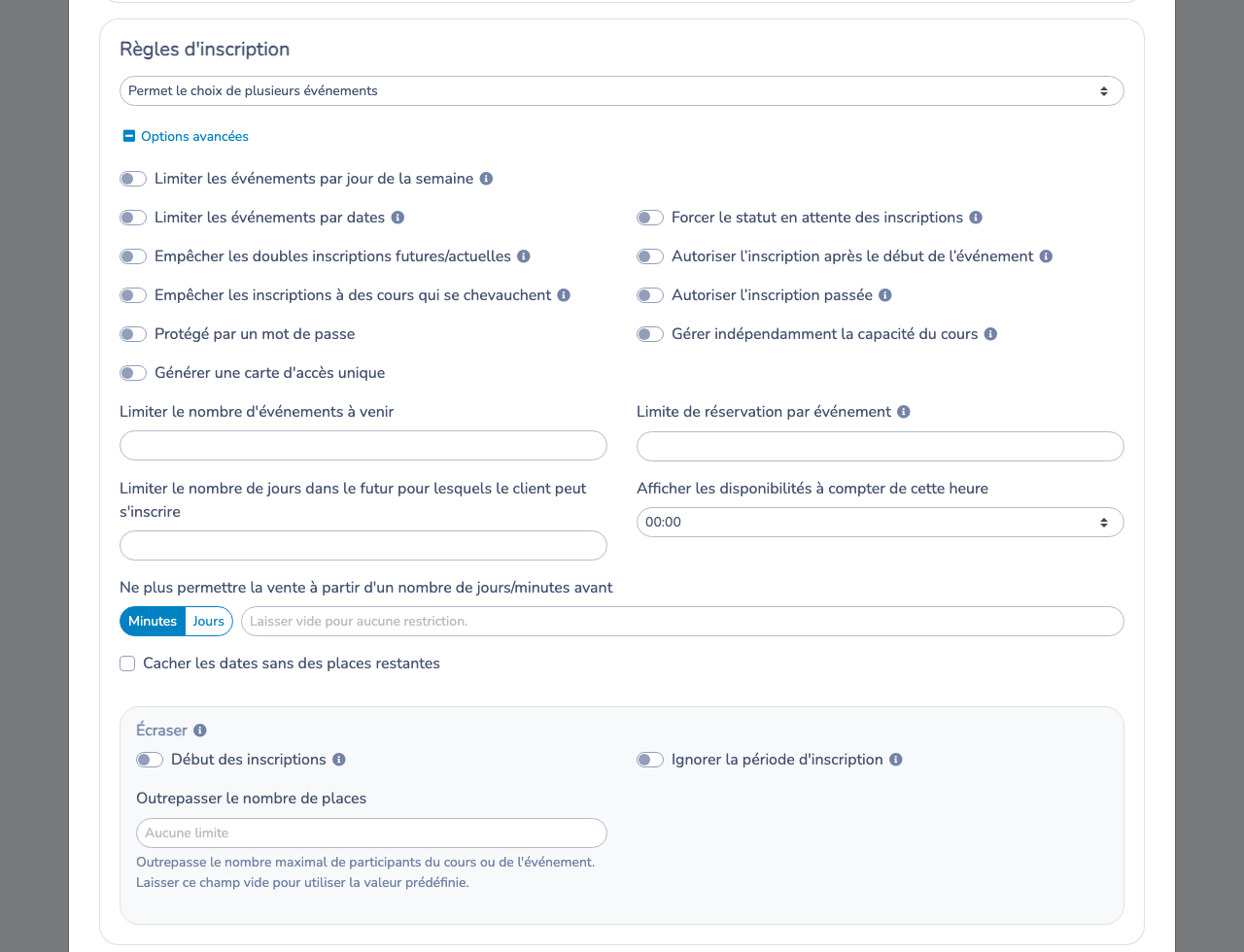 Options avancées des règles d'inscription d'une question Cours/Événement