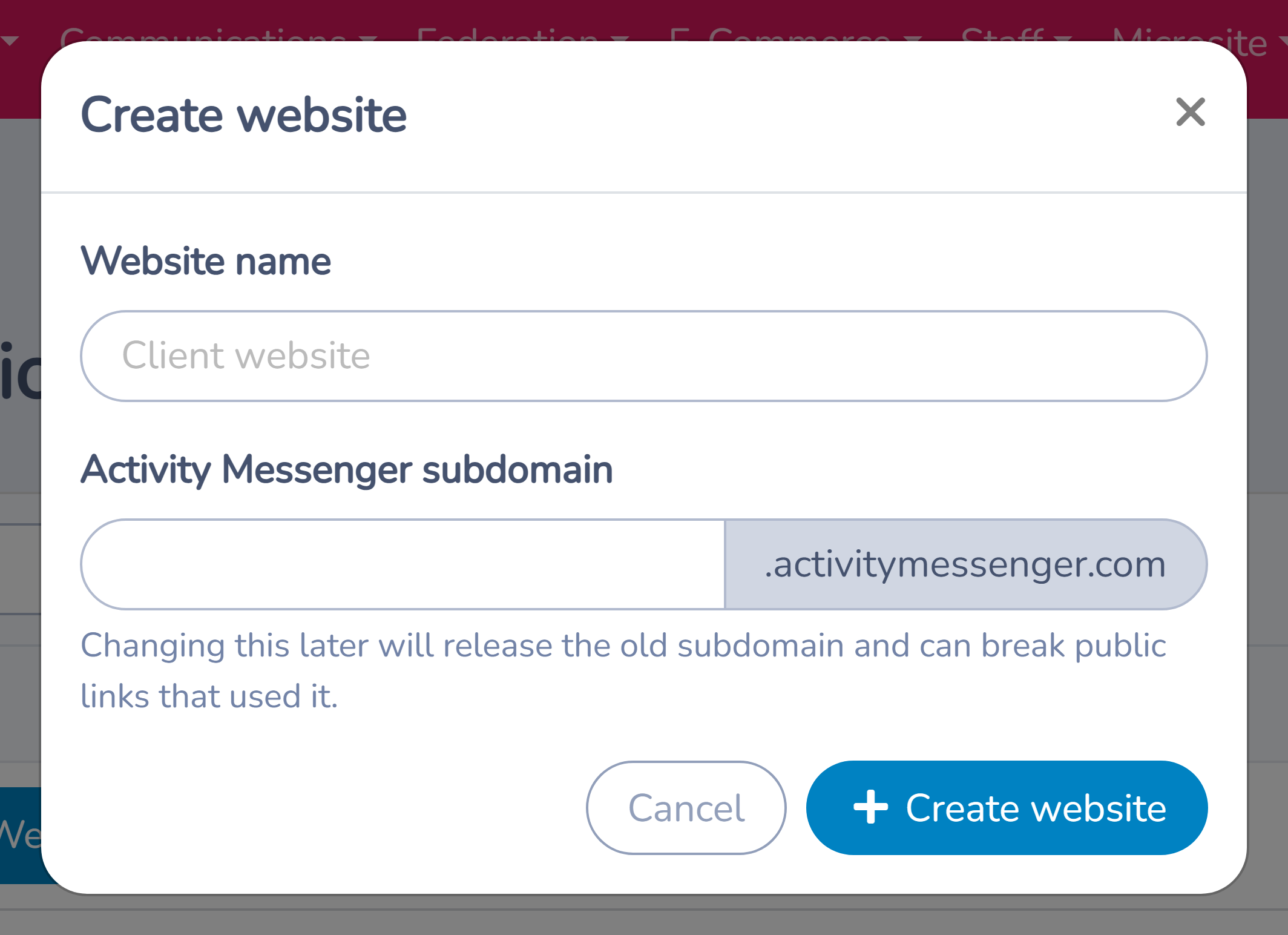 Create website dialog for the website name and Activity Messenger subdomain
