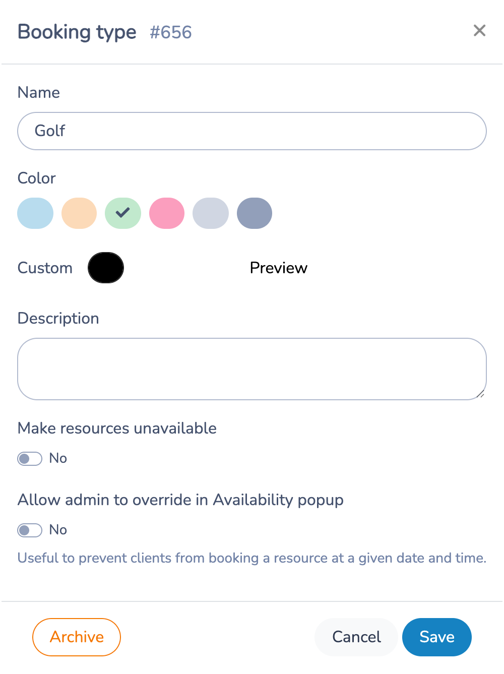 Golf booking type with its name, color and availability options