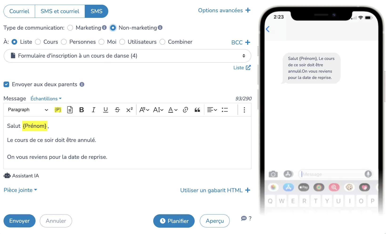 Envoyer des SMS/Texto à partir de la liste de présence