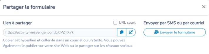 Partager un formulaire par son lien ou par courriel et SMS