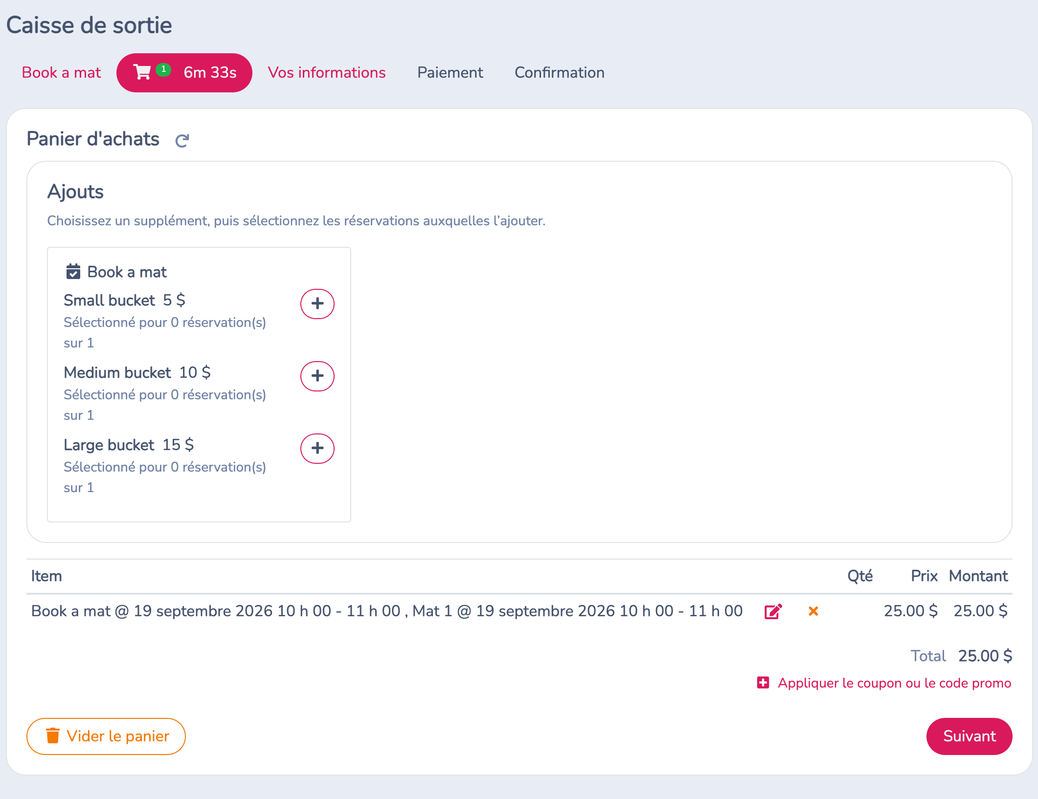 Caisse du microsite dans Chrome en navigation privée : Book a mat pour une heure sur Mat 1, paniers de balles facultatifs et total de 25 $