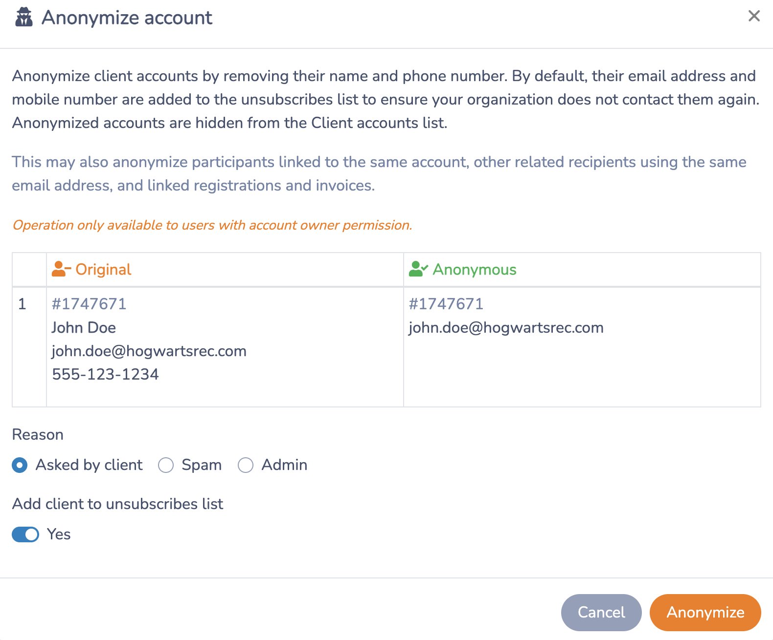 Anonymize a client account