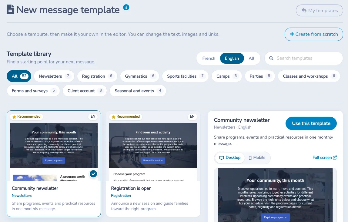 New message template gallery, with Create from scratch and the Community newsletter sample marked Recommended