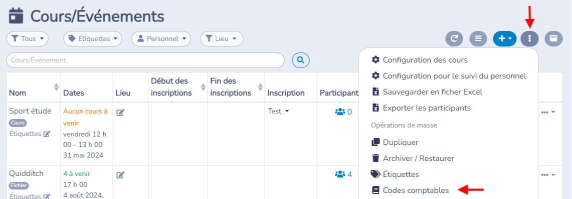 Menu des opérations en masse des cours avec l’option Codes comptables