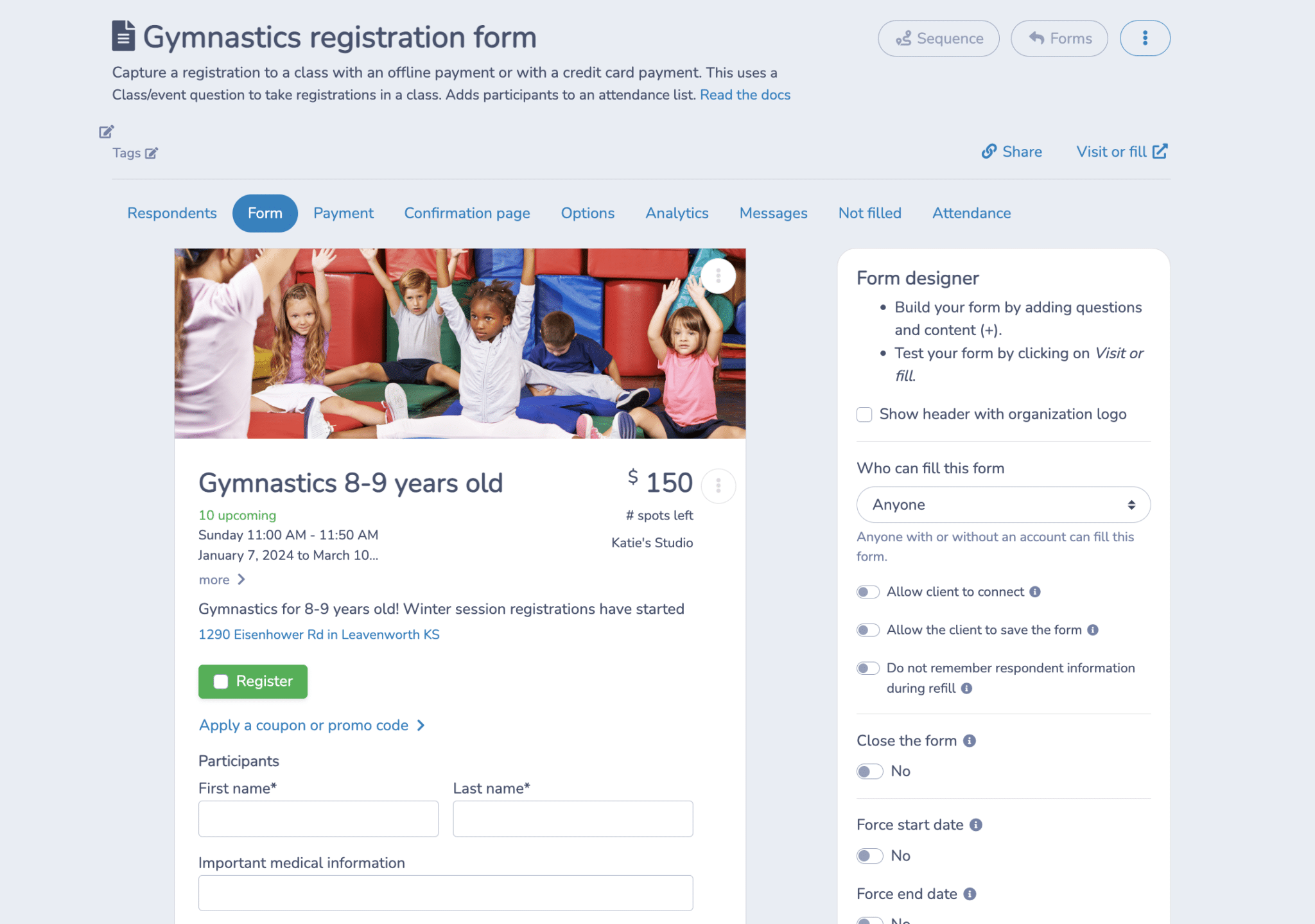 Gymnastics registration form