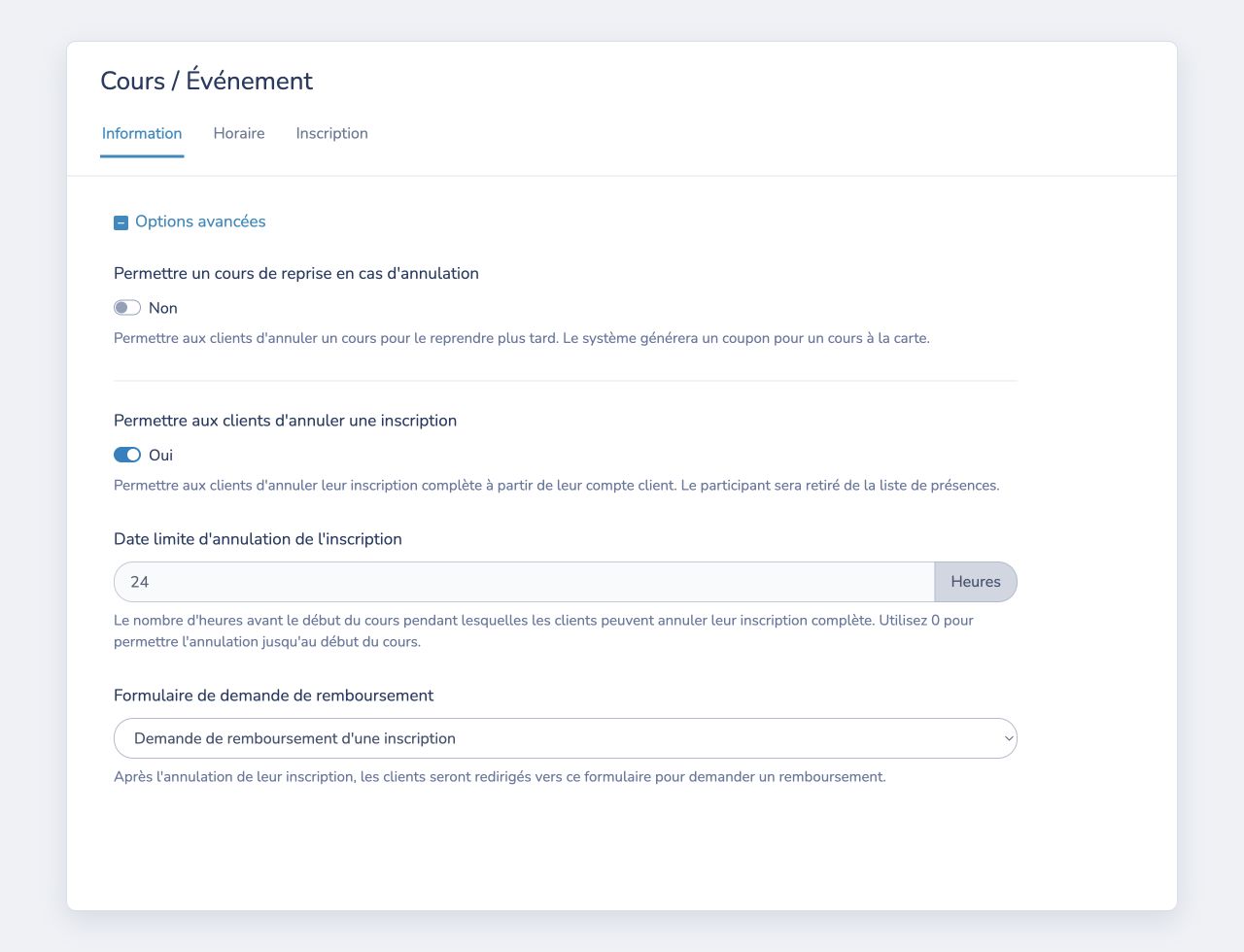 Configurer l'annulation d'une inscription par le client dans les options avancées du cours