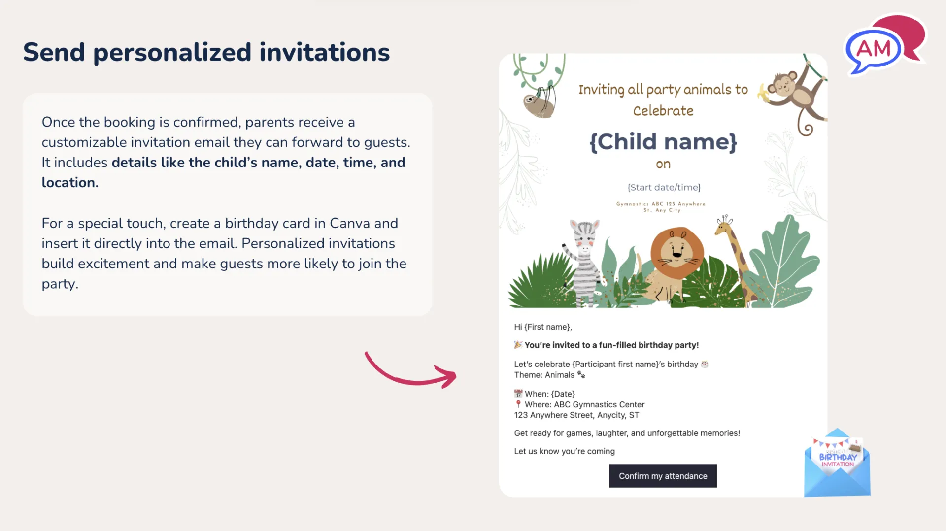 Example of a personalized birthday party invitation created in Activity Messenger