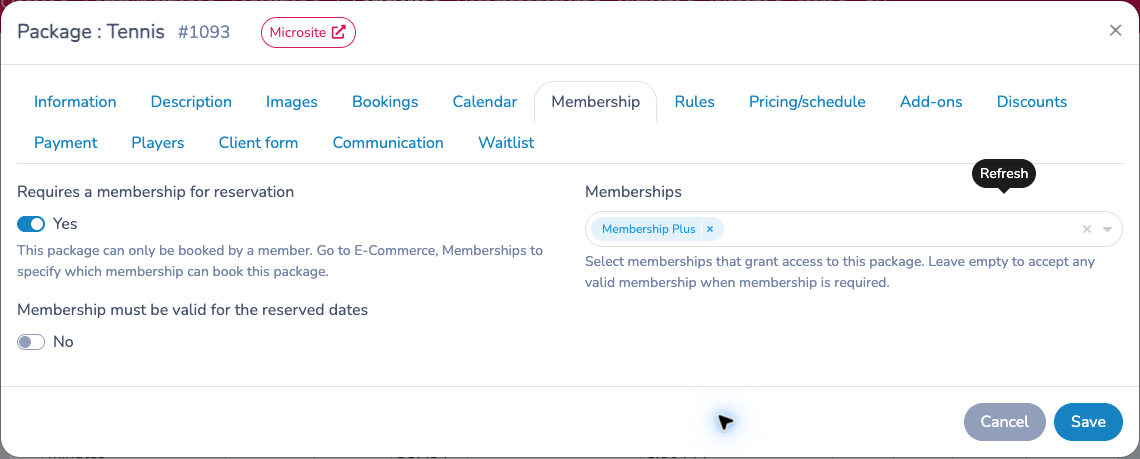 Tennis Membership tab with membership required, Membership Plus selected and validity for reserved dates turned off.