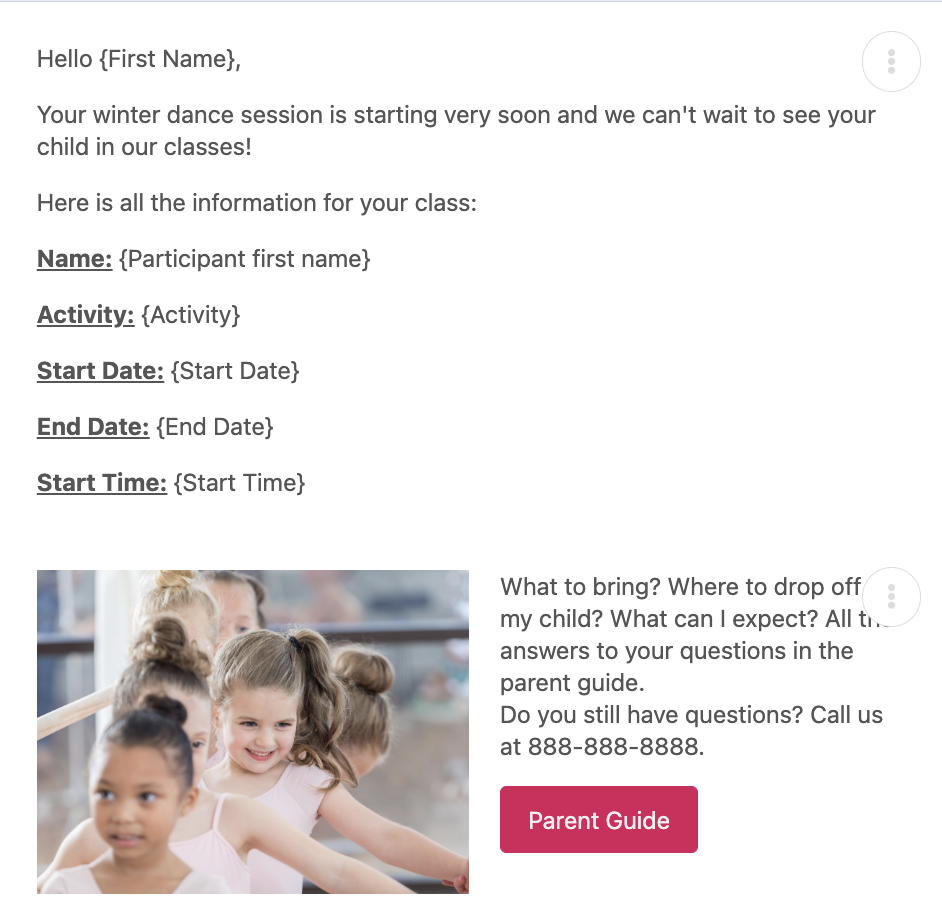 Start of dance session email reminder template