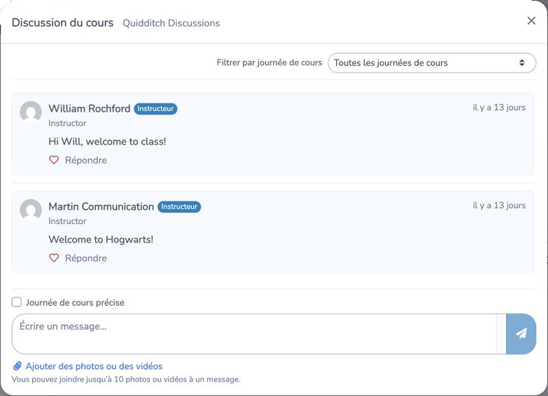 Discussion de cours affichée dans le compte client