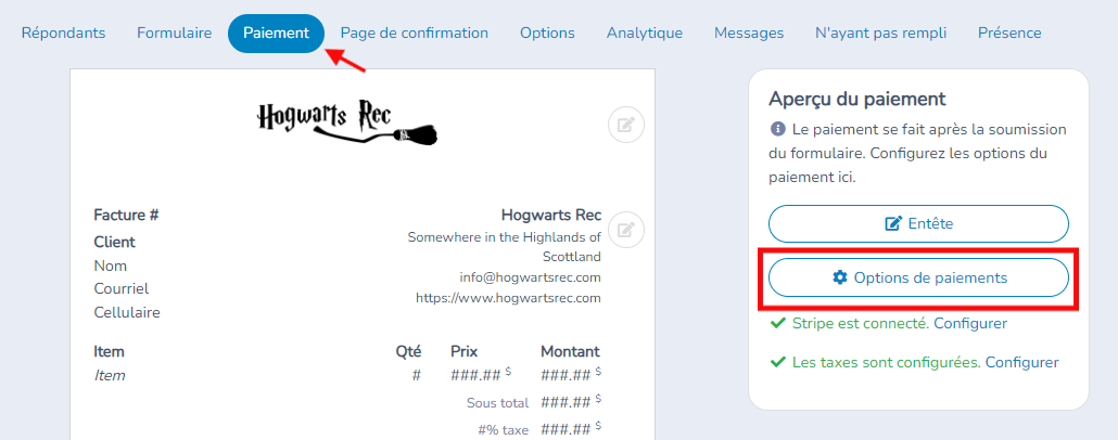 Ajout du virement interac au formulaire d'inscription — capture d’écran