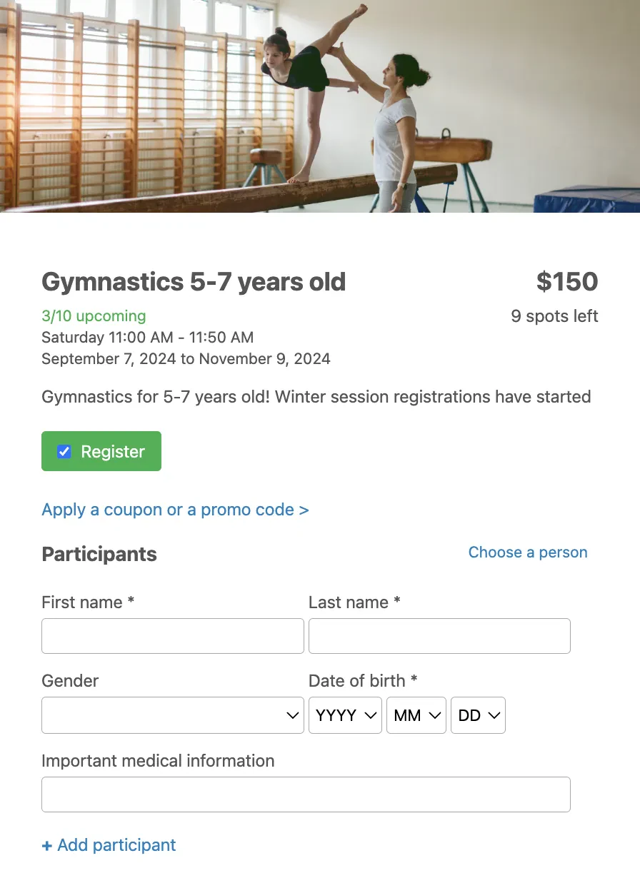 Class registration form