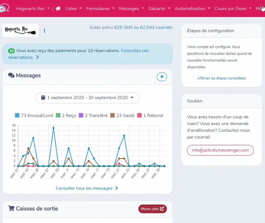 Envoyer un courriel/SMS de confirmation suite à une inscription dans Amilia — illustration