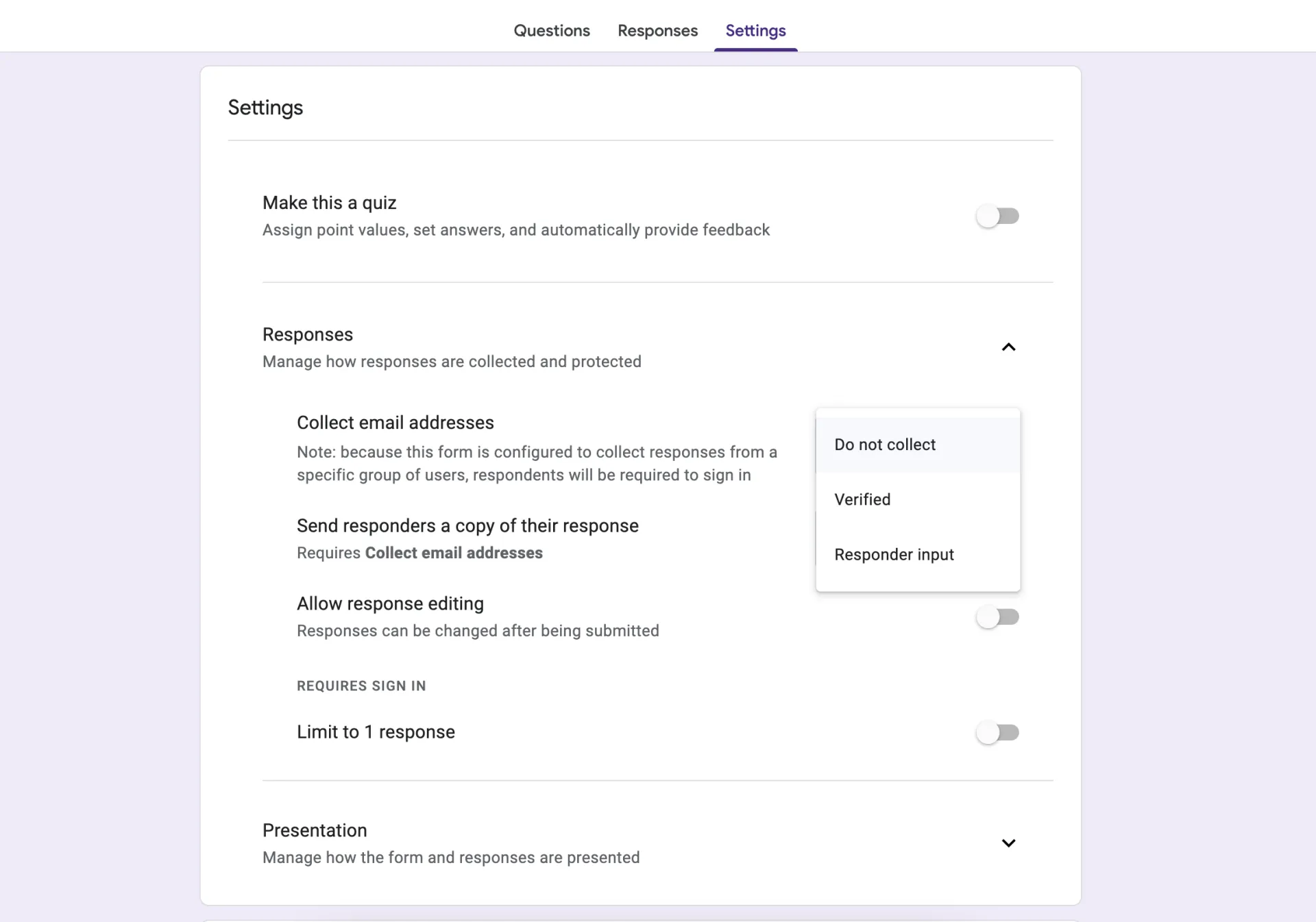 Screen depicting options for ensuring the Google Form remains anonymous.