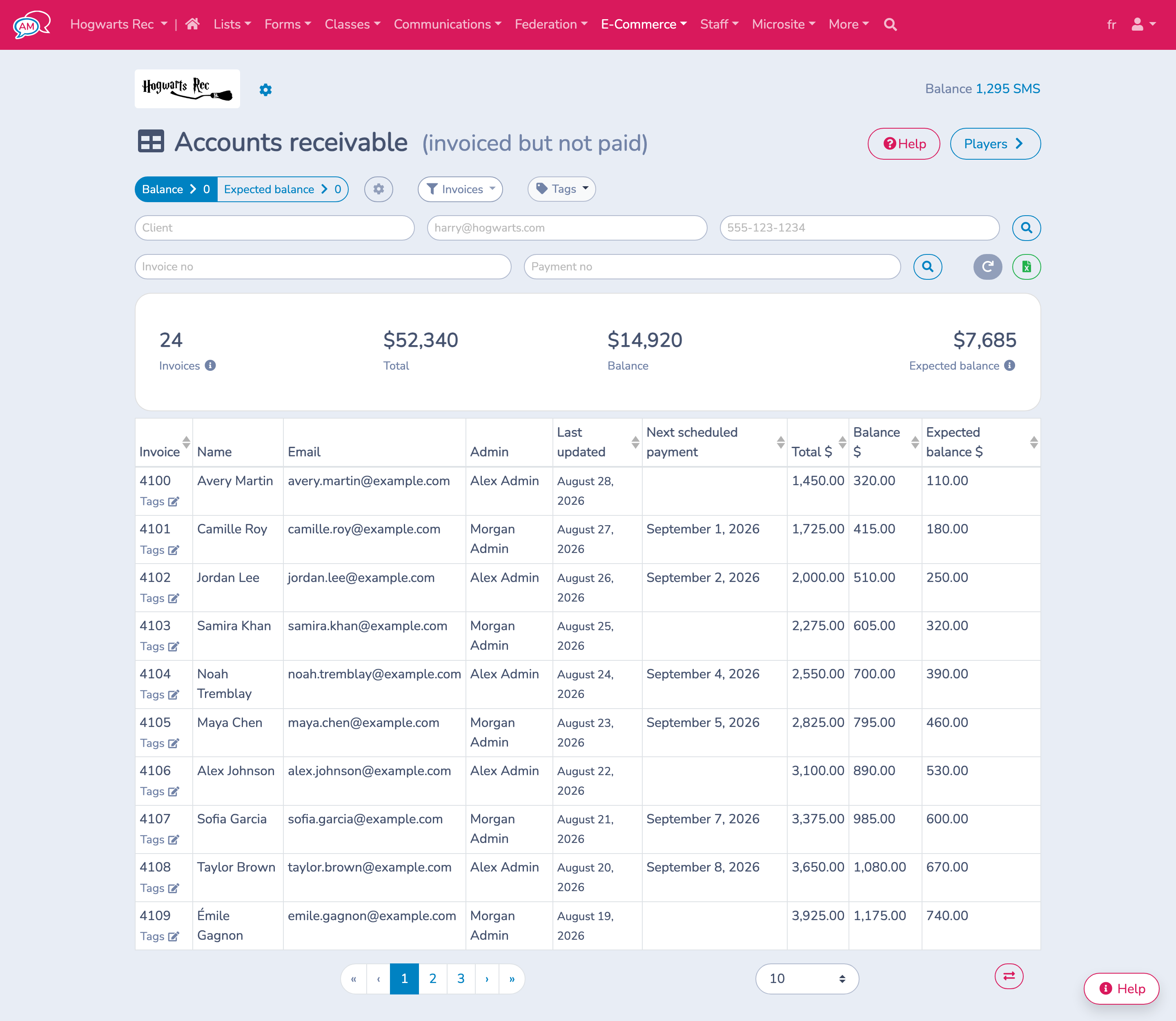 Review the Accounts receivable summary and invoice list