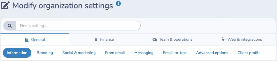 Organization settings search and sections