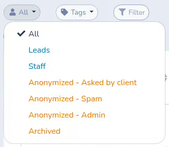 Client filter menu open, with Archived as the last option