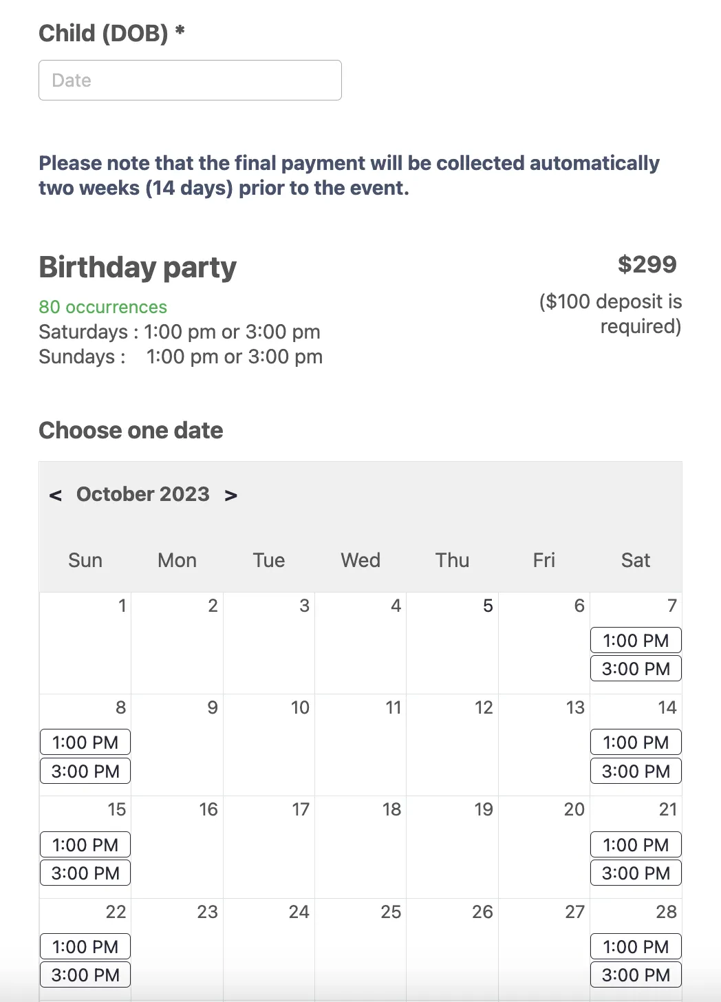 kids booking party form