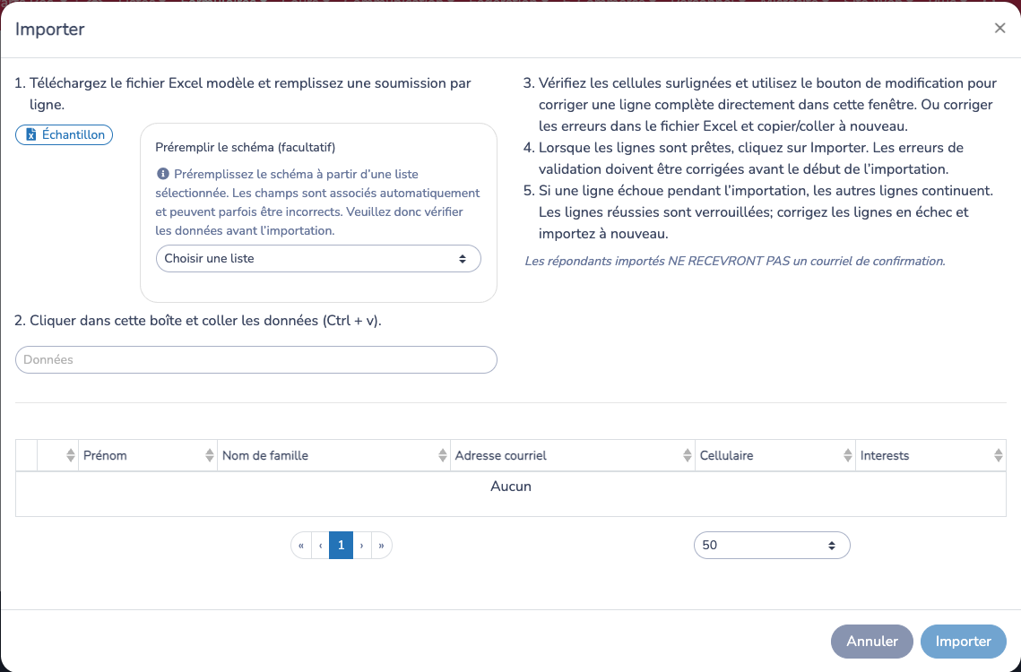 Choisir une liste source pour préremplir la feuille échantillon