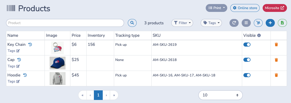 Review products, inventory, tags, and visibility in the Products catalogue