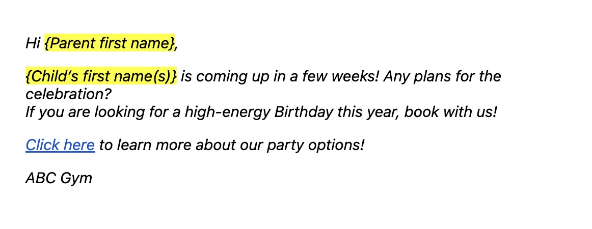 Party marketing automation email template