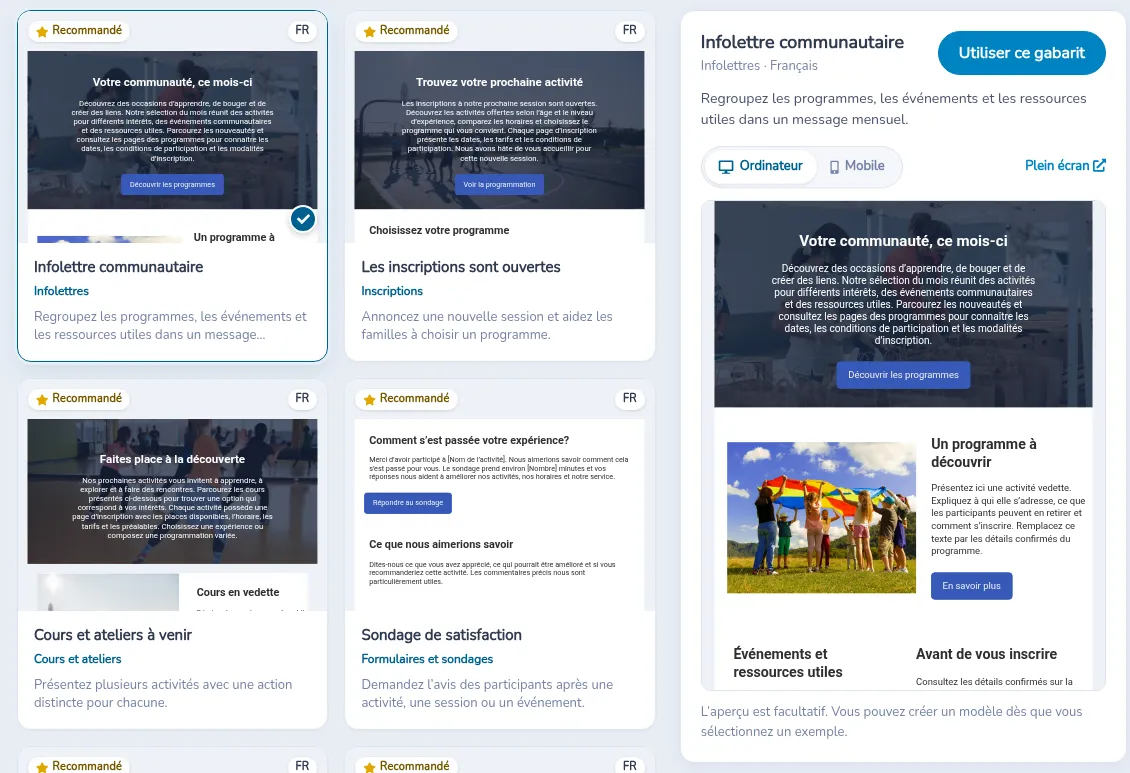 Aperçu de l’infolettre communautaire, avec Utiliser ce gabarit et la vue Ordinateur
