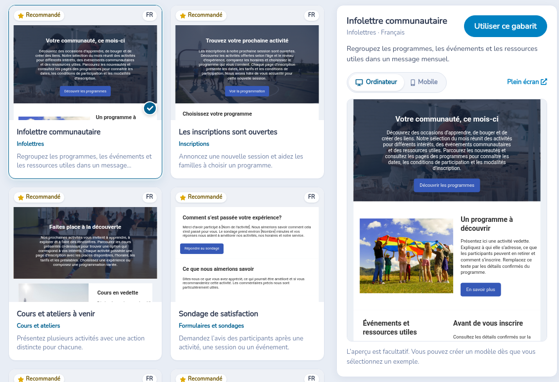 Aperçu de l’infolettre communautaire, avec Utiliser ce gabarit et la vue Ordinateur