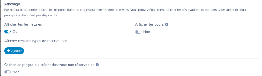Onglet Calendrier, section Affichage, avec Afficher les fermetures sur Oui