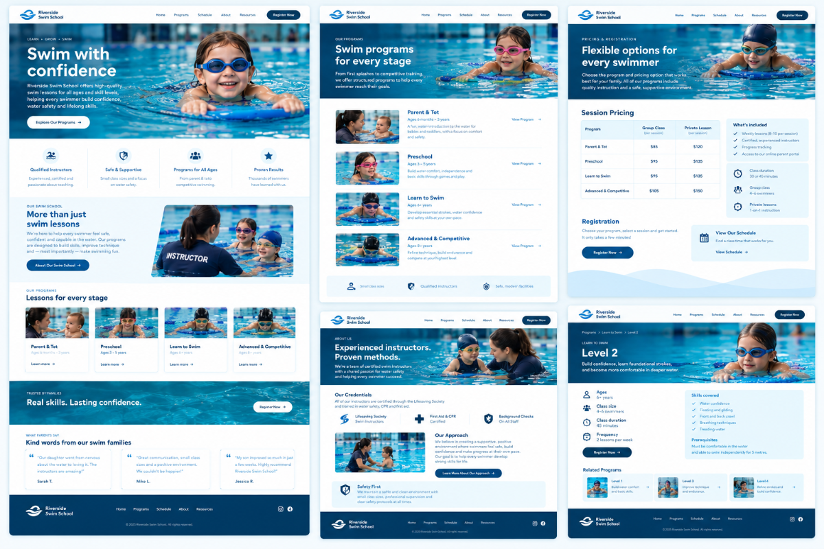 Swim School Website Builder: example of pages that can be built using Activity Messenger
