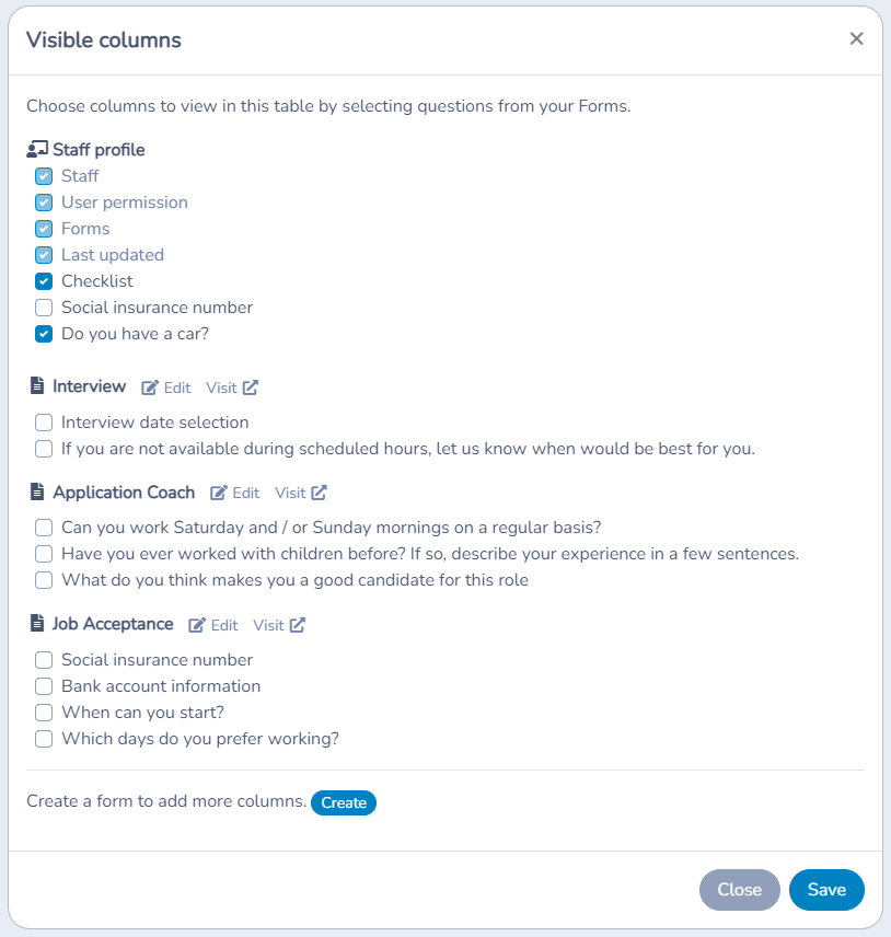 Select profile and staff-form columns
