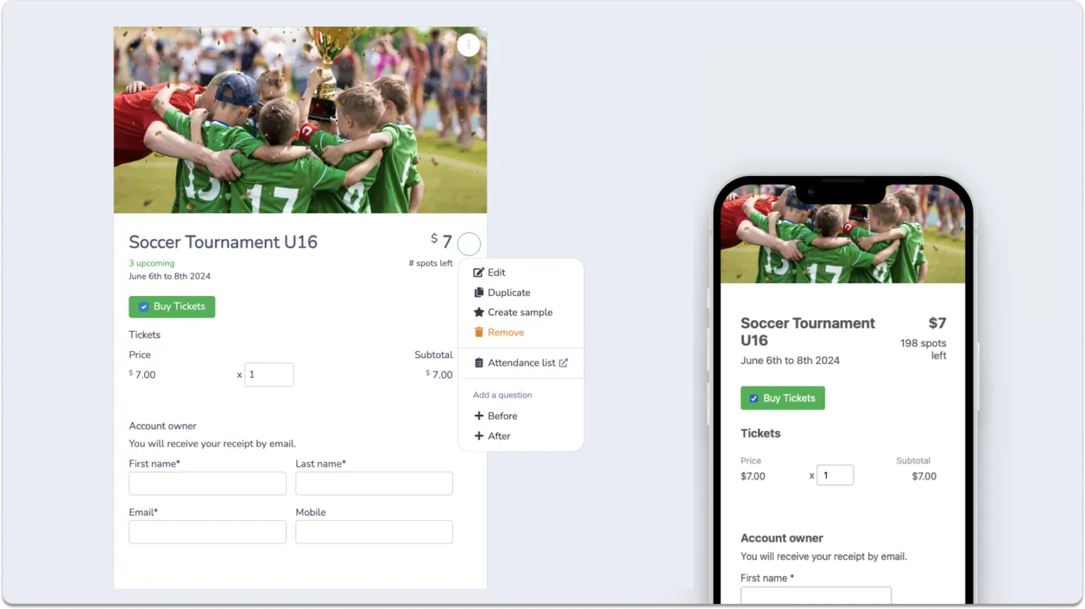 How to create tickets for a soccer tournament