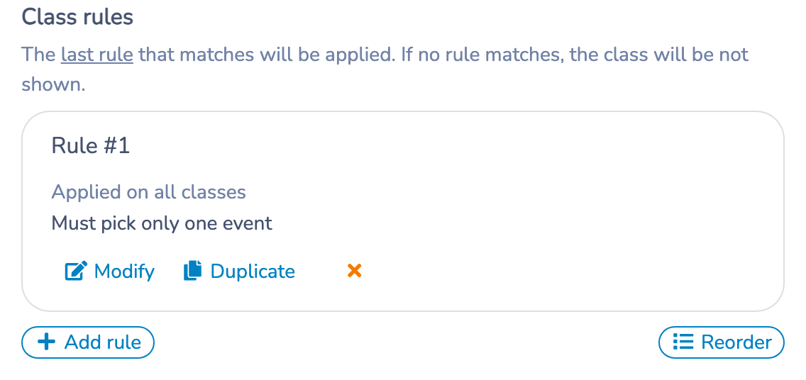 Multiple classes rules with the last-matching-rule explanation and Modify button