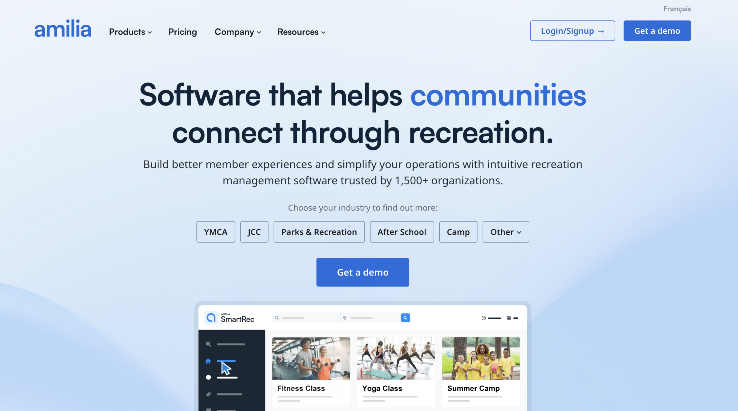 Amilia tennis club software landing page