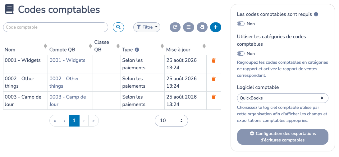 Tableau des codes comptables et champs de configuration