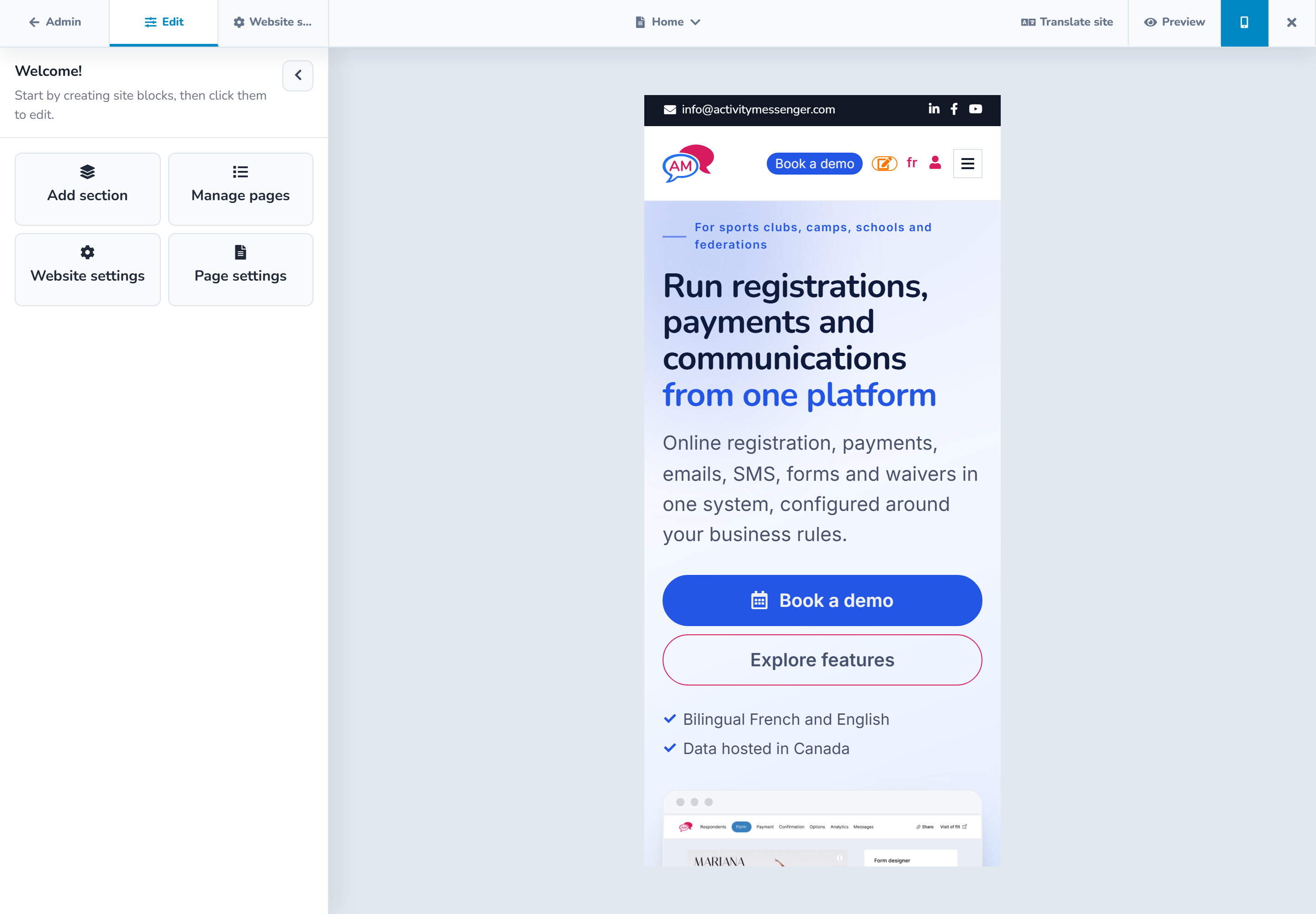 Mobile preview of the current website page