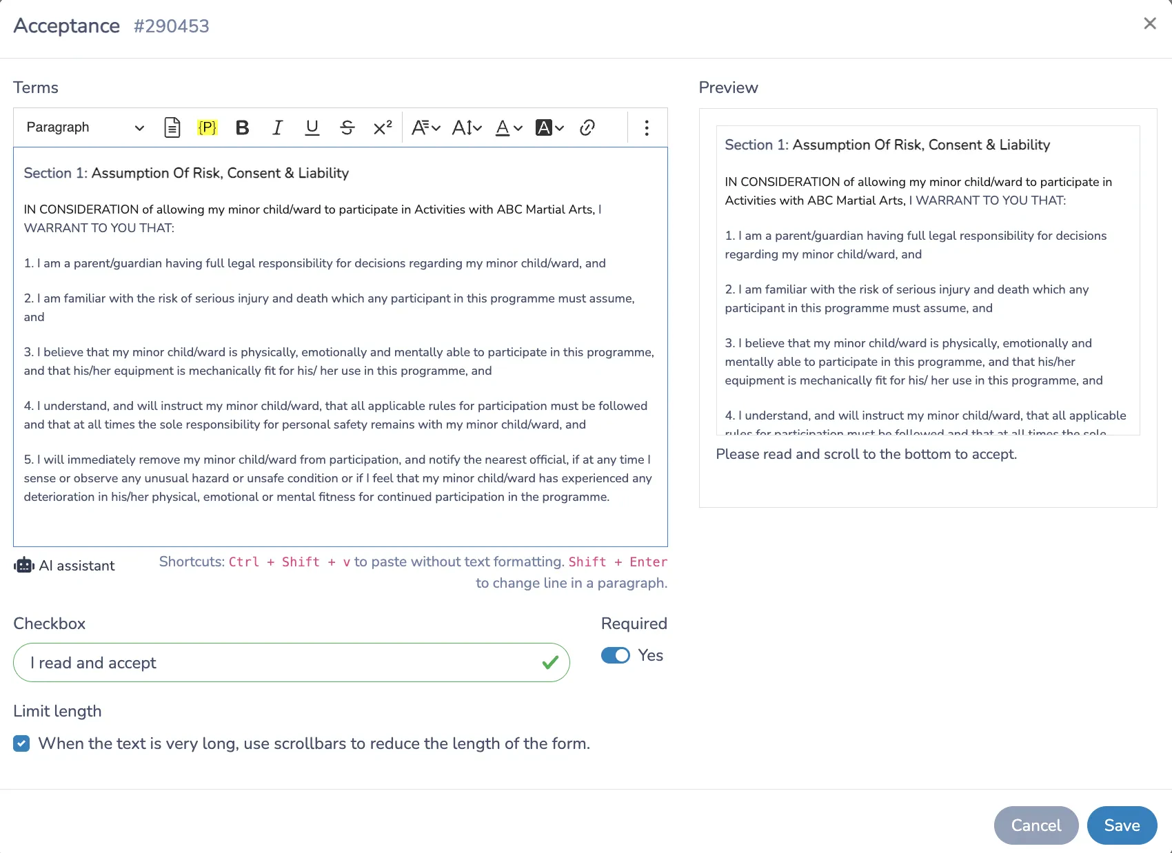 Create a martial arts waiver form with Activity Messenger