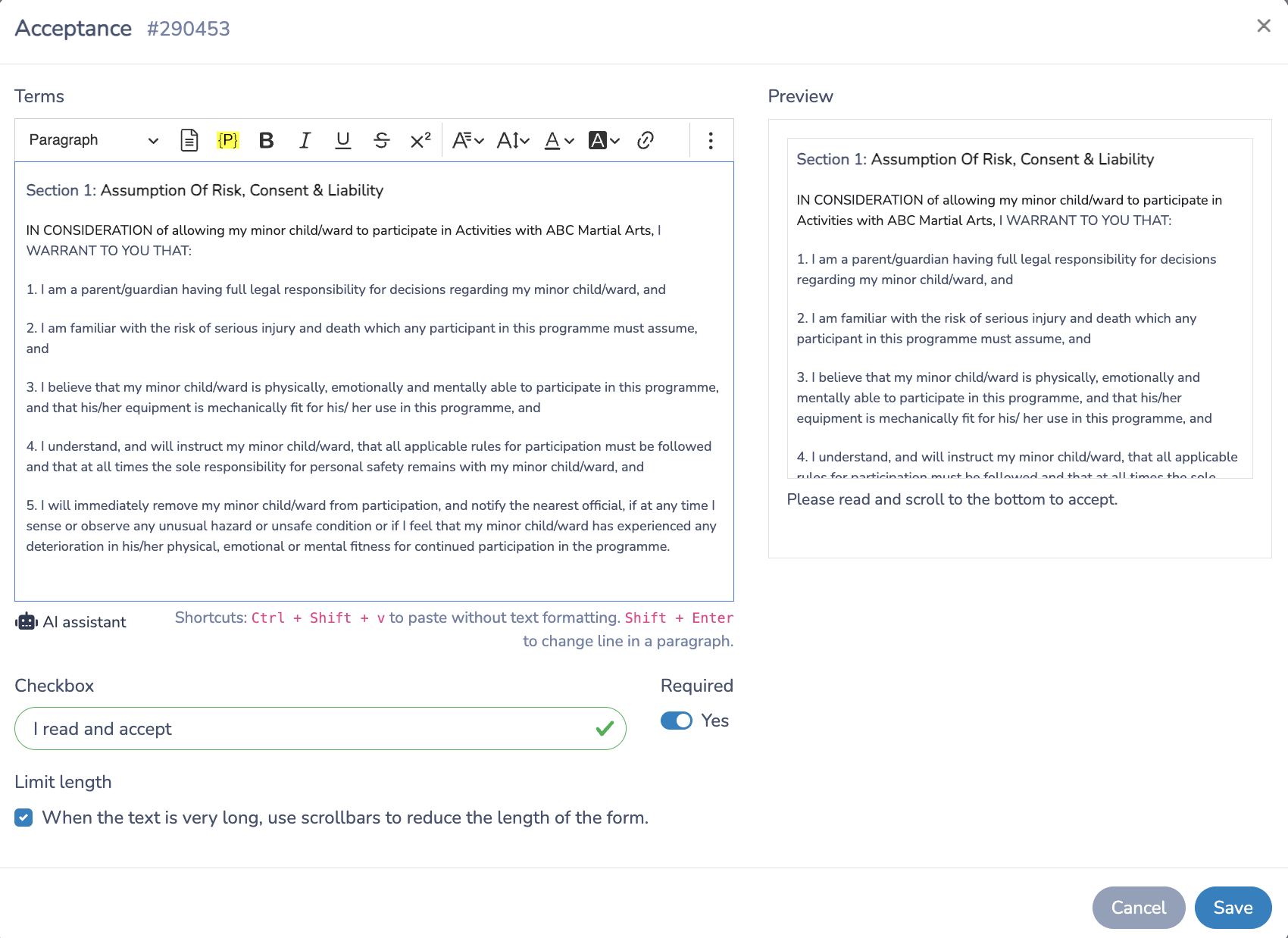 Create a martial arts waiver form with Activity Messenger