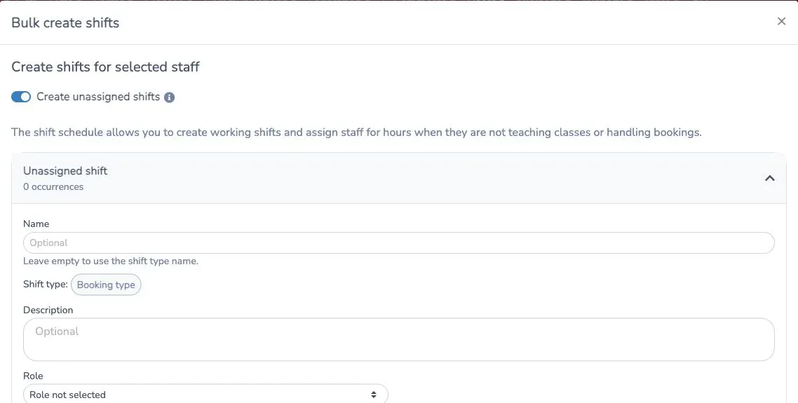 The shift creation form with the unassigned shift, shift type and role fields
