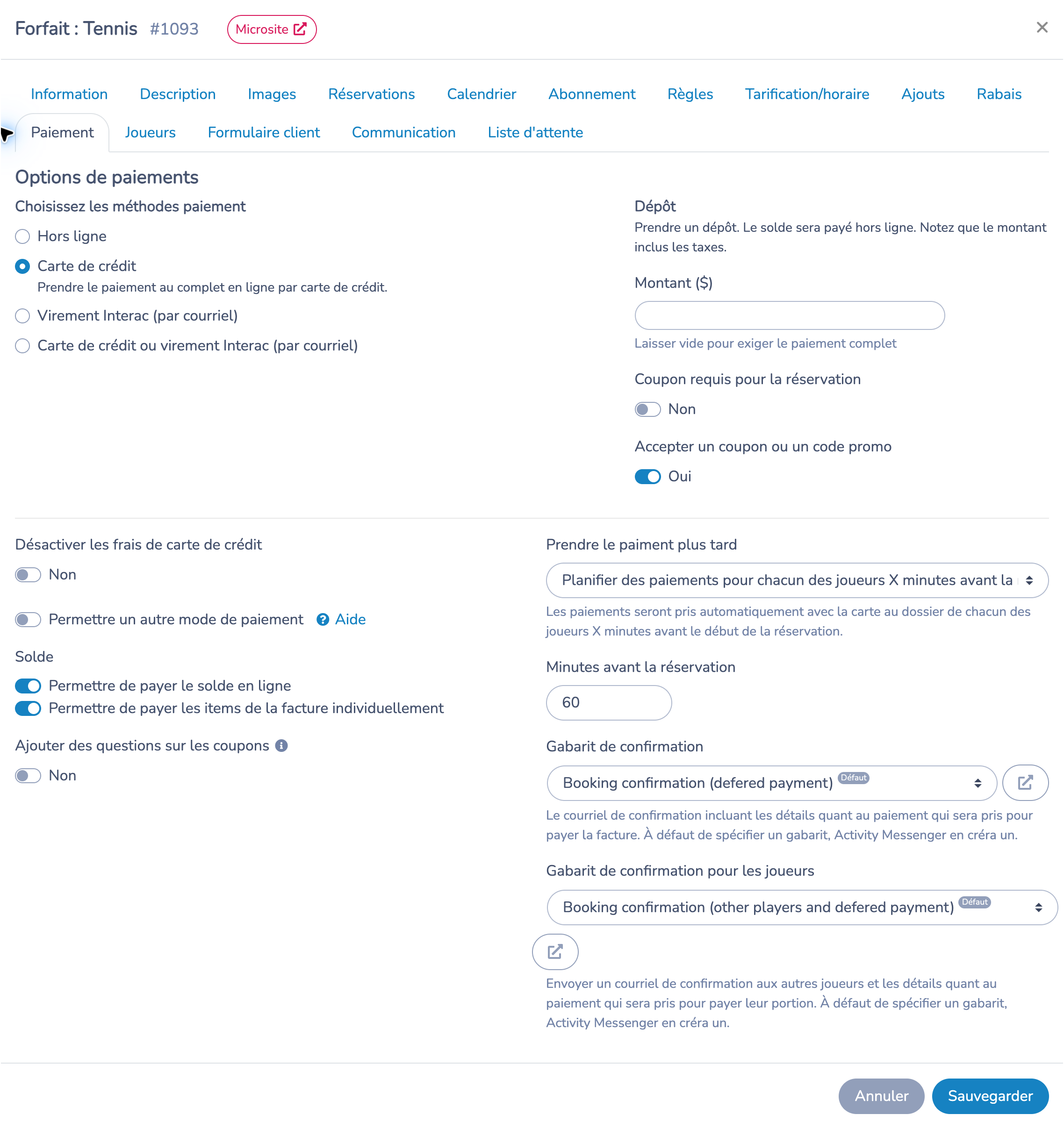 Onglet Paiement du forfait Tennis : carte de crédit, paiement individuel des items et paiements différés par joueur avec un intervalle de 60 minutes.