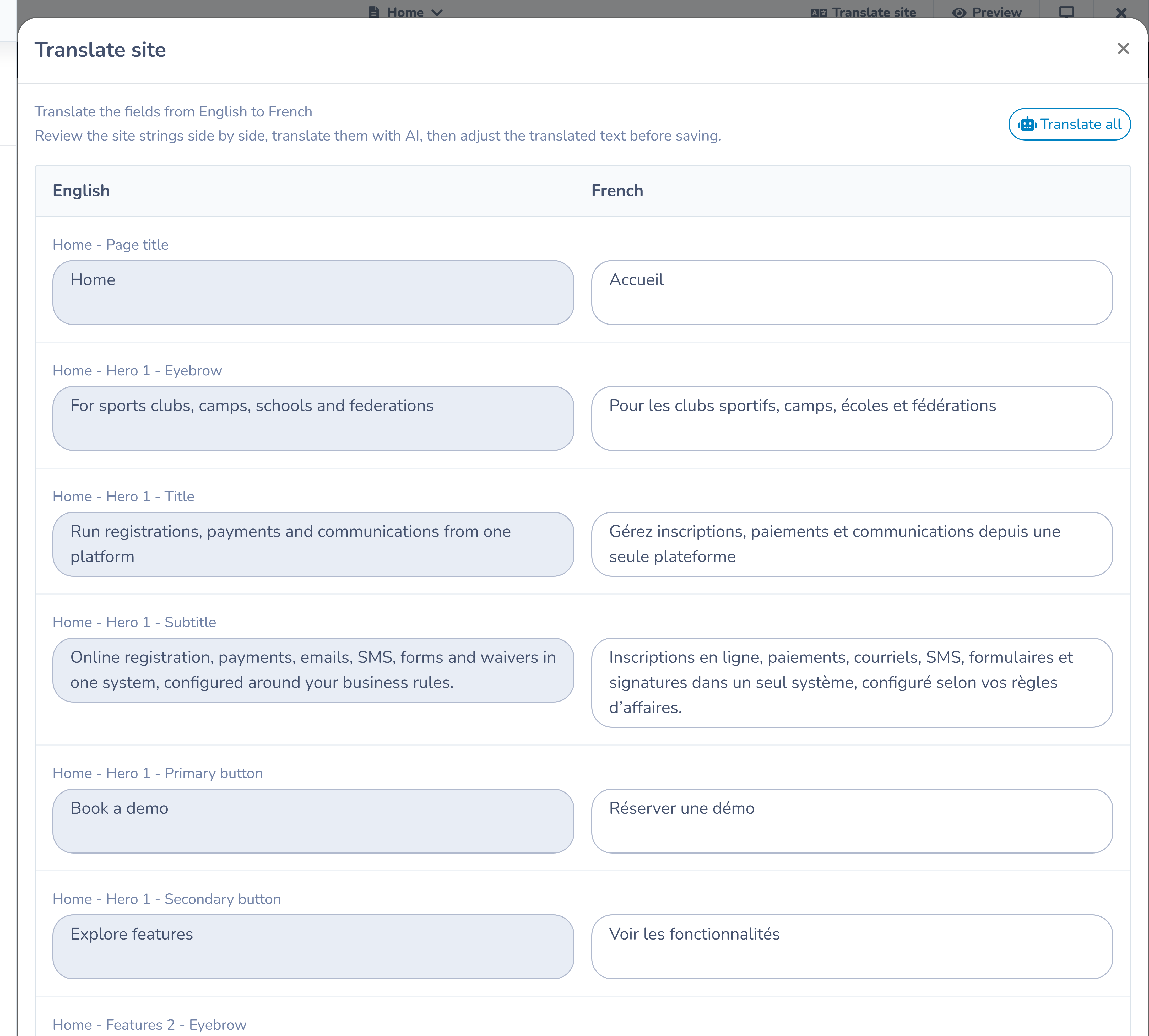 Translate site workspace with English and French fields side by side