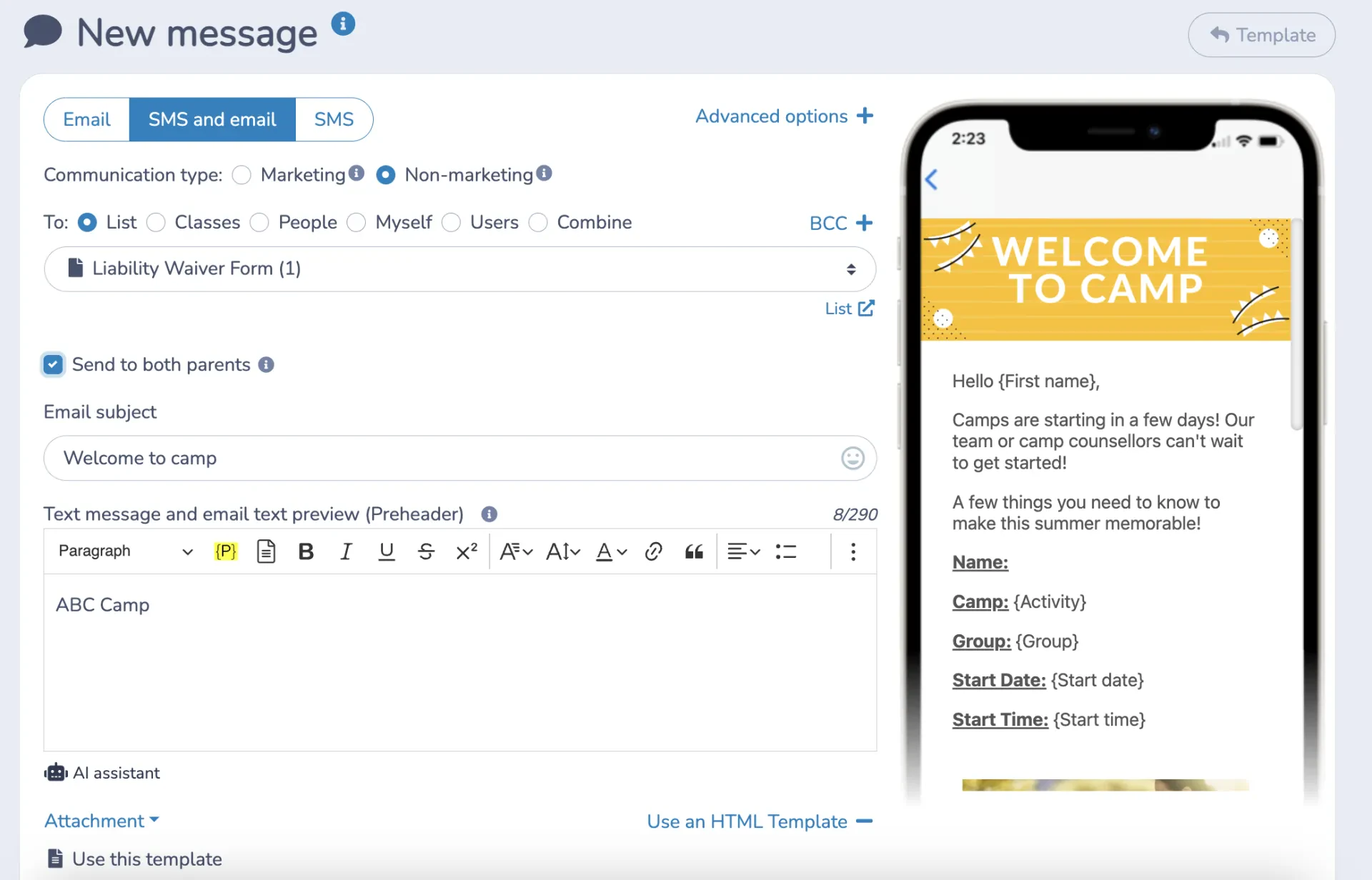 Send Camp Reminders by SMS or Email