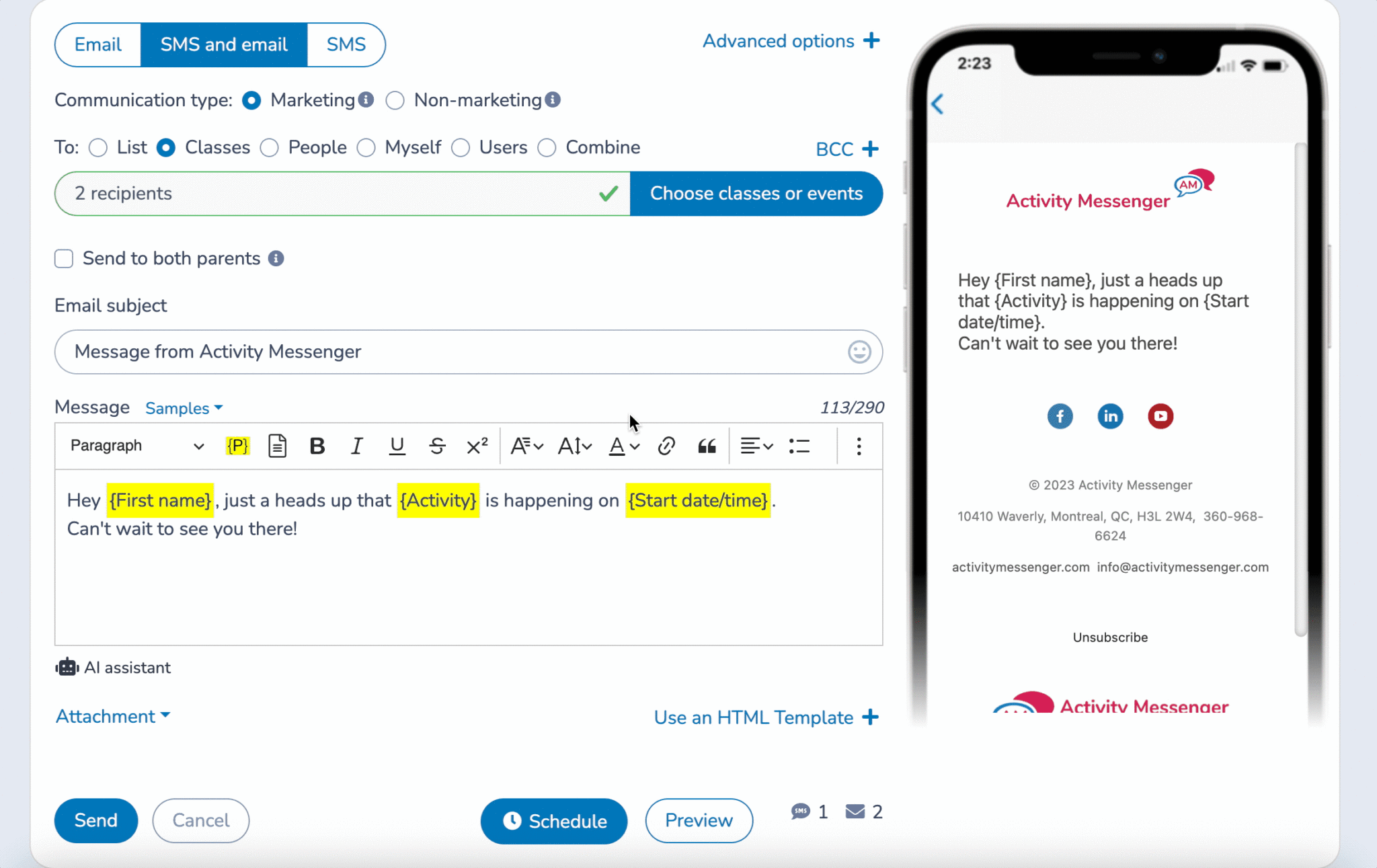 mailmerge SMS reminders for events