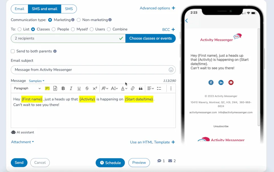 mailmerge SMS reminders for events