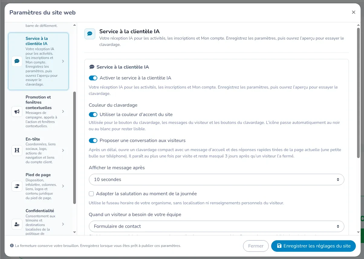 Proposer une conversation aux visiteurs activé, avec Afficher le message après réglé à 10 secondes