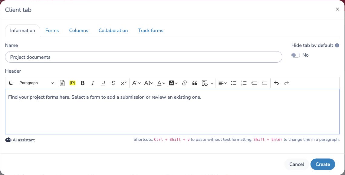 Name a client tab and add instructions in its header